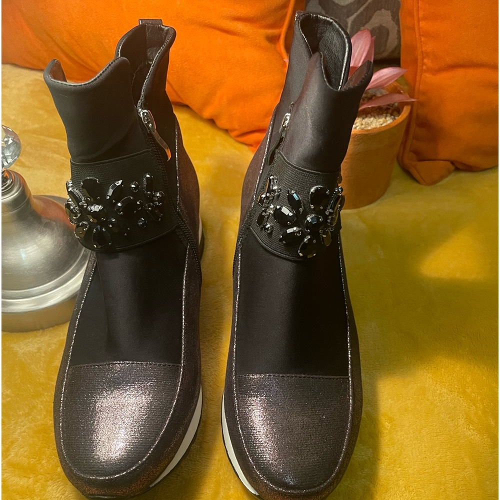 Atalina Black Slip on ankle boots w/rhinestones. zippers on one side